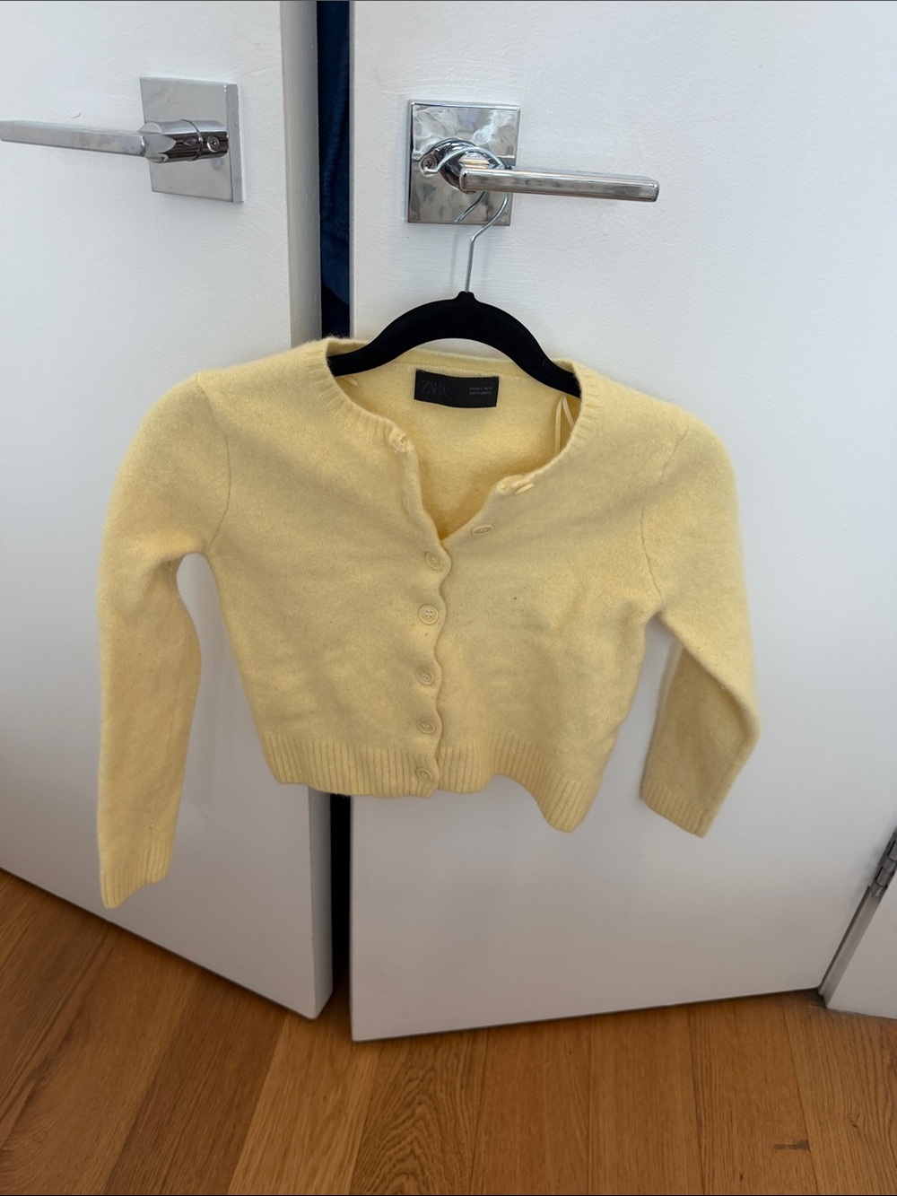 Zara Pale Yellow Cropped Button-Up Crewneck Cardigan